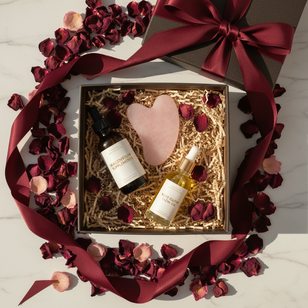 Self-care gift basket flat lay with gua sha stone and wellness products
