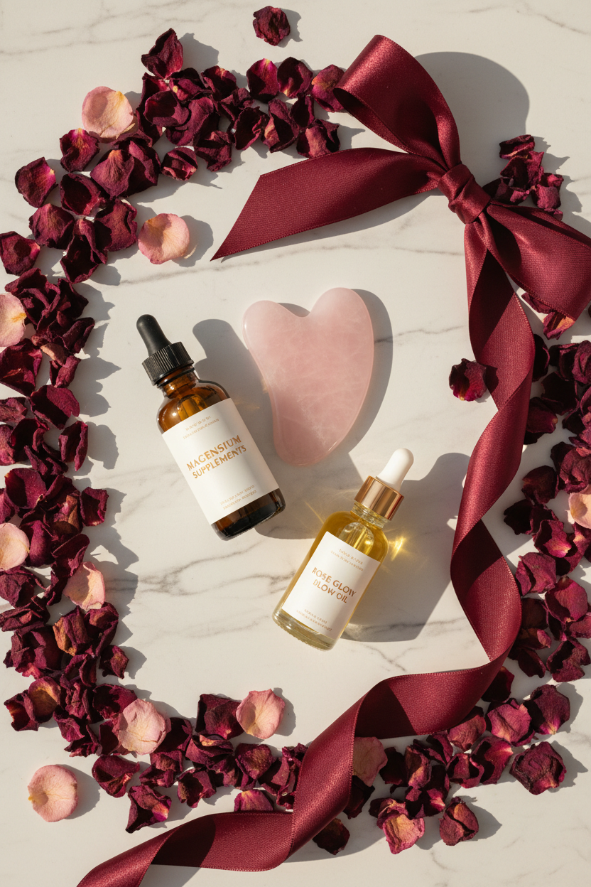 Luxury self-care gift basket with gua sha stone and magnesium supplement on marble surface
